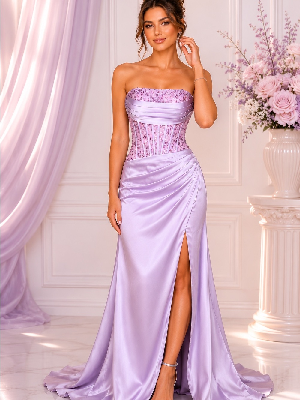 Lavender Strapless Sequin Corset Satin Maxi Gown Dress Size 0 formal party NWT